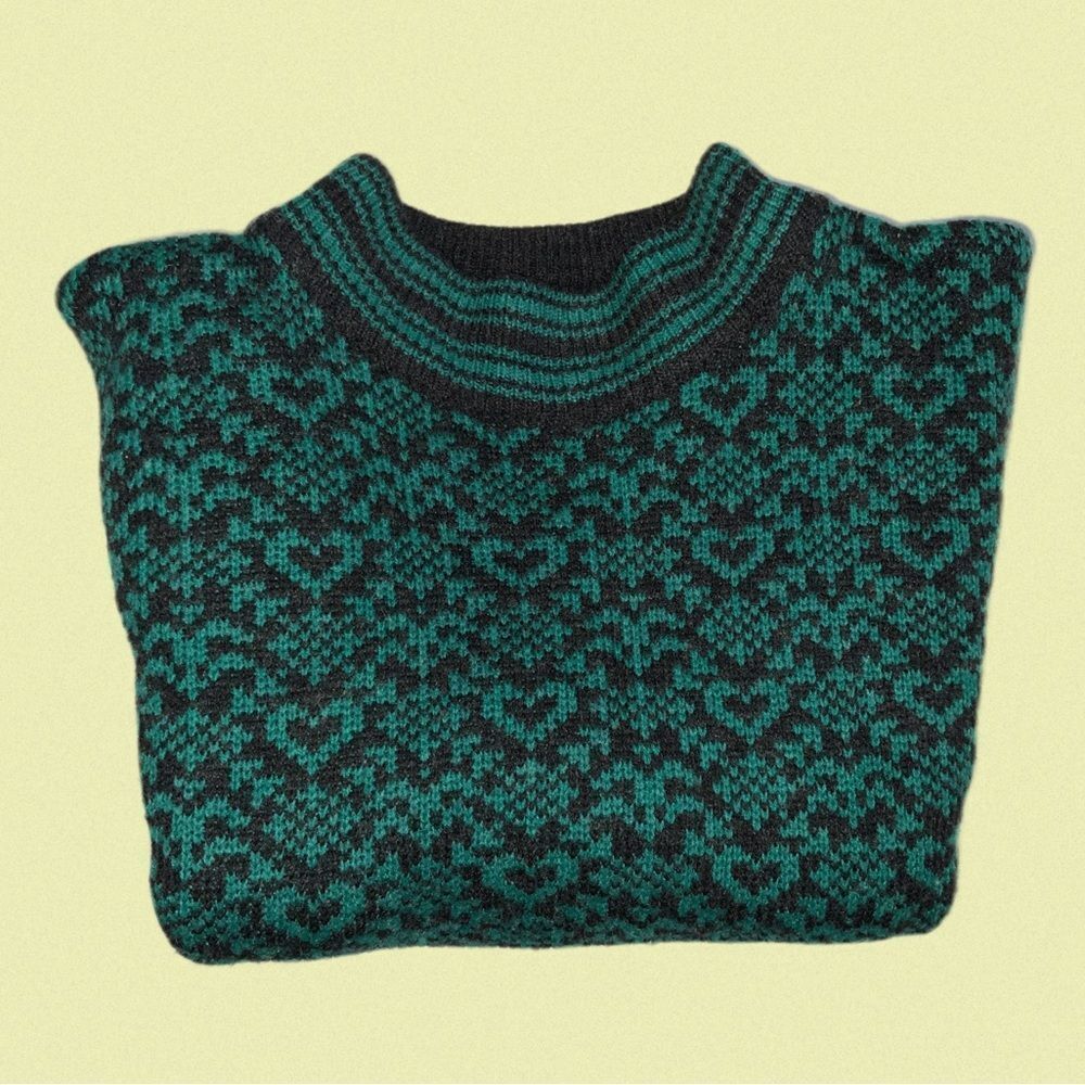 vintage bay club medium wool acrylic‎ blend sweater mockneck hearts blue grey